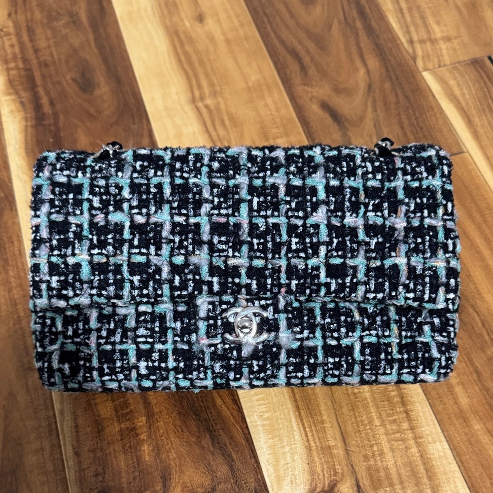CHANEL Blue/Black Tweed Double Flap Shoulder Bag